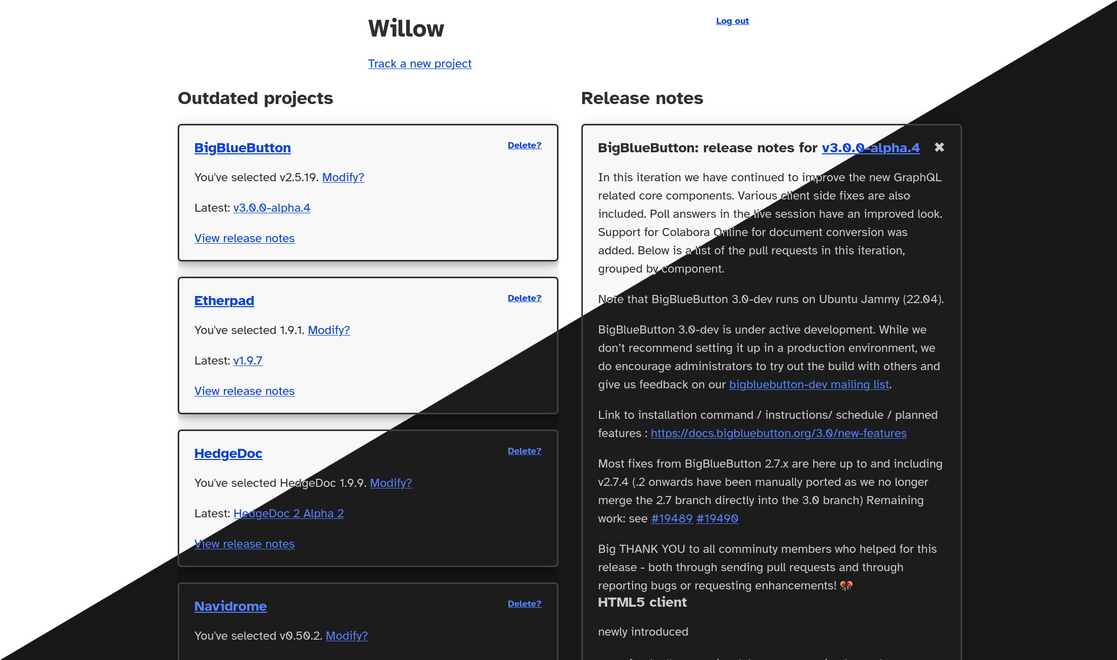 screenshot of willow's current web UI