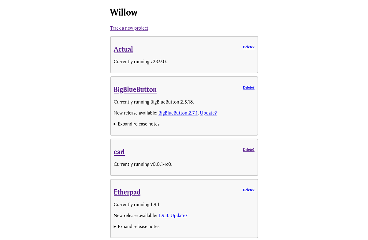 screenshot of willow's current web UI