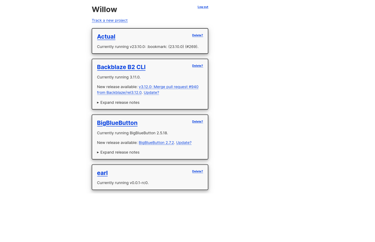 screenshot of willow's current web UI