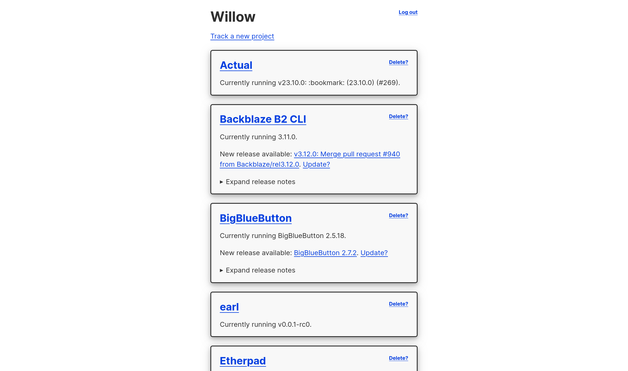 screenshot of willow's current web UI