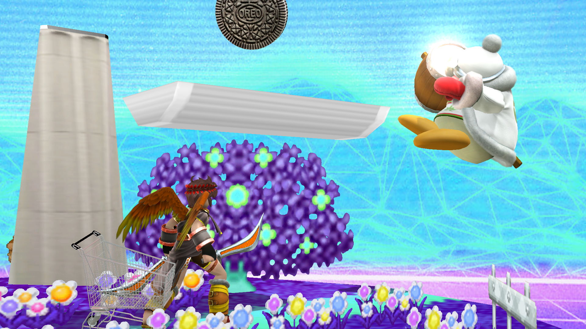 An Oreo, a shopping cart, King Weedede, and my girlfriend attempt to kill each other on a vaporwave stage An Oreo, a shopping cart, King Weedede, and my girlfriend attempt to kill each other on a vaporwave stage